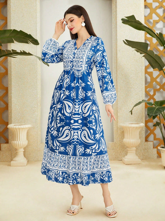 Najma Women'S Holiday Printed Lantern Sleeve Dress