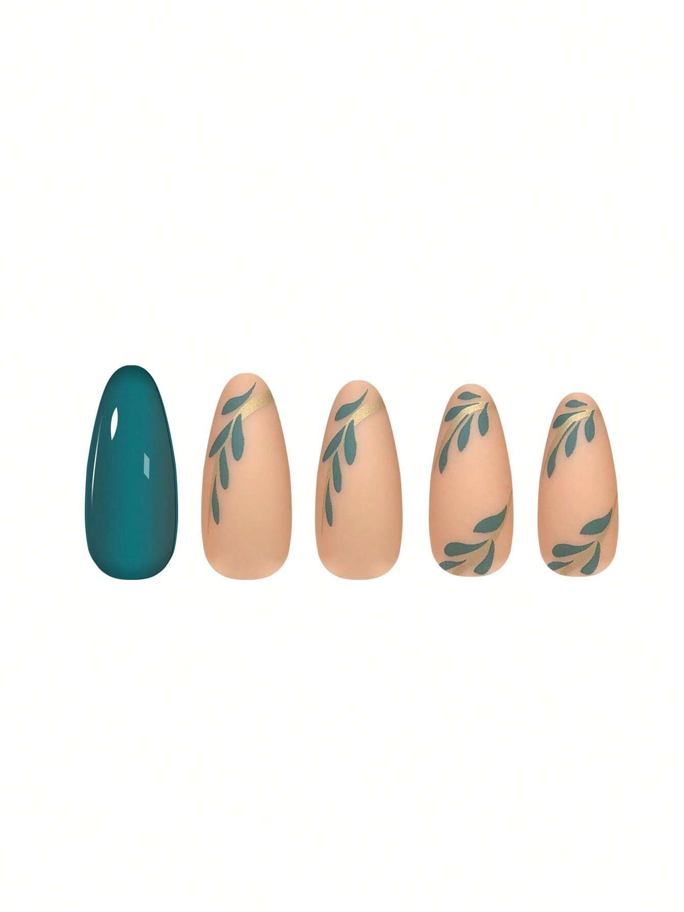 Add a Touch of Romance with 24Pcs Medium Long Almond Shaped Matte & Glossy Double Green Leaves & Foil Painting Full Coverage Nails for Women and Girls