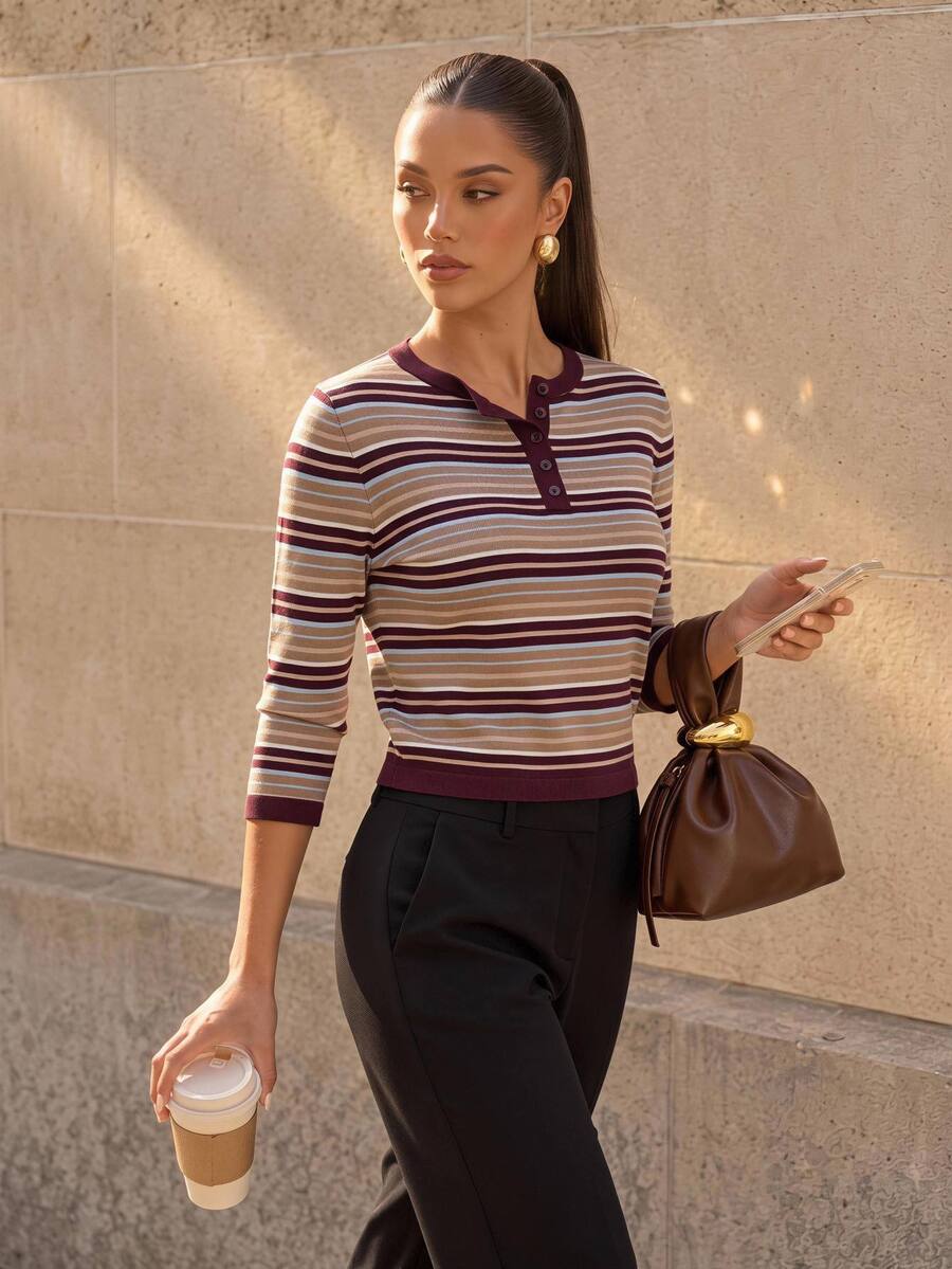 SHEIN Firerie تي شيرت نسائي بأكمام طويلة وتصميم هينلي
