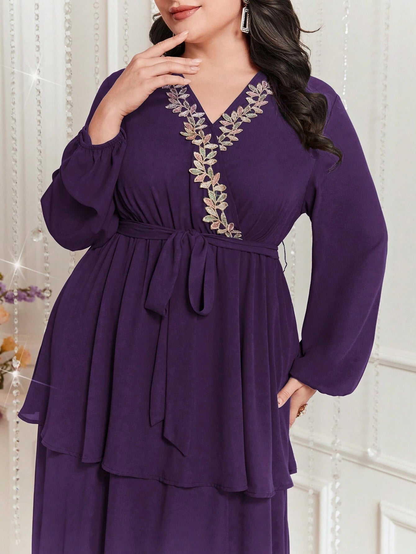 Modely plus Size Embroidered Decor Lantern Sleeve Dress