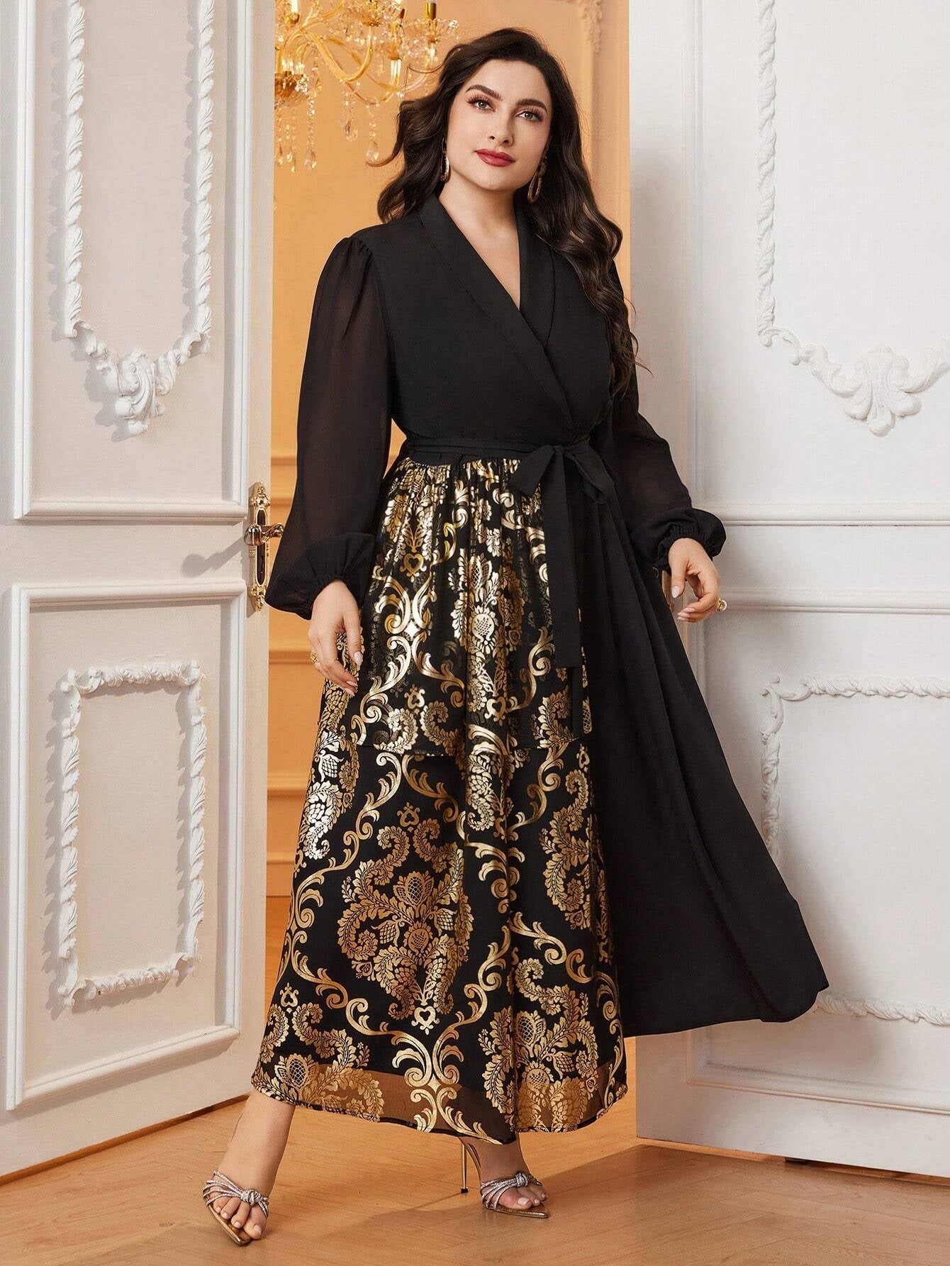 Modely plus Size Lantern Sleeves Belted Shirt Dress