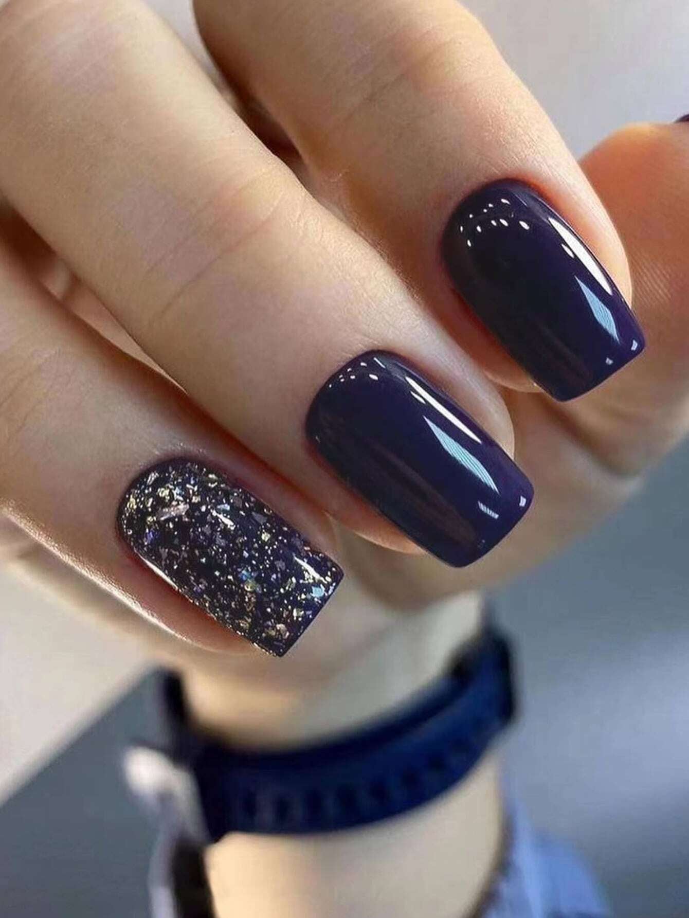 Elevate Your Style with 24Pcs Long Square Navy Blue Glitter Full Coverage Fake Nail Set for Women Girls Daily Wear