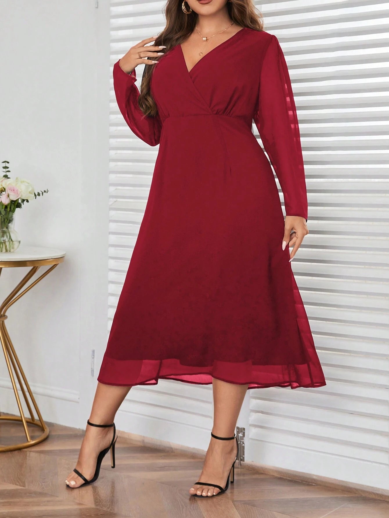 Privé plus Size Wrap Neck Long Sleeve Dress