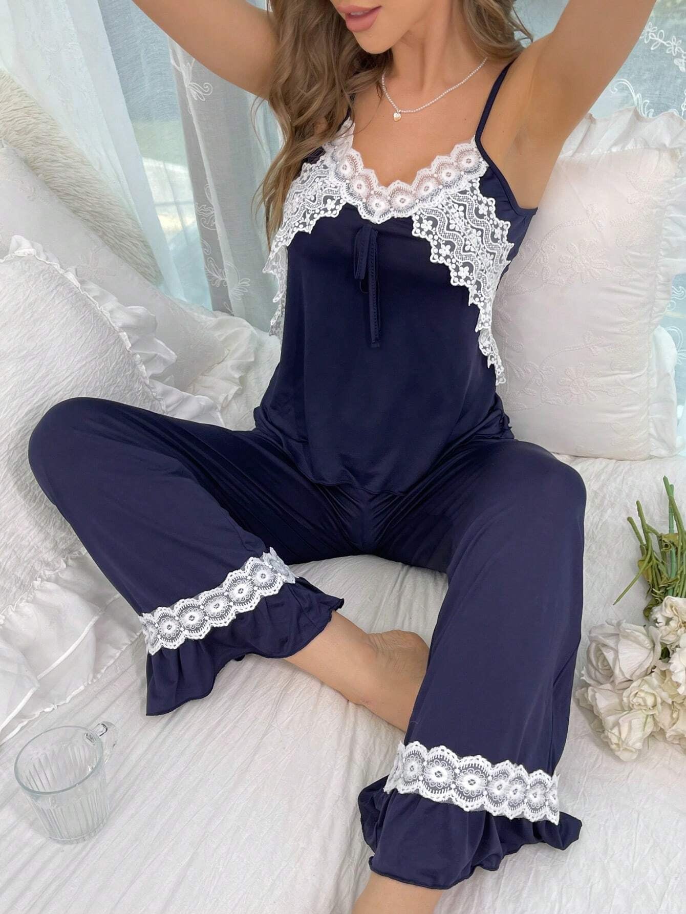 Women'S Lace Splicing Camisole Top + Long Pants Pajama Set