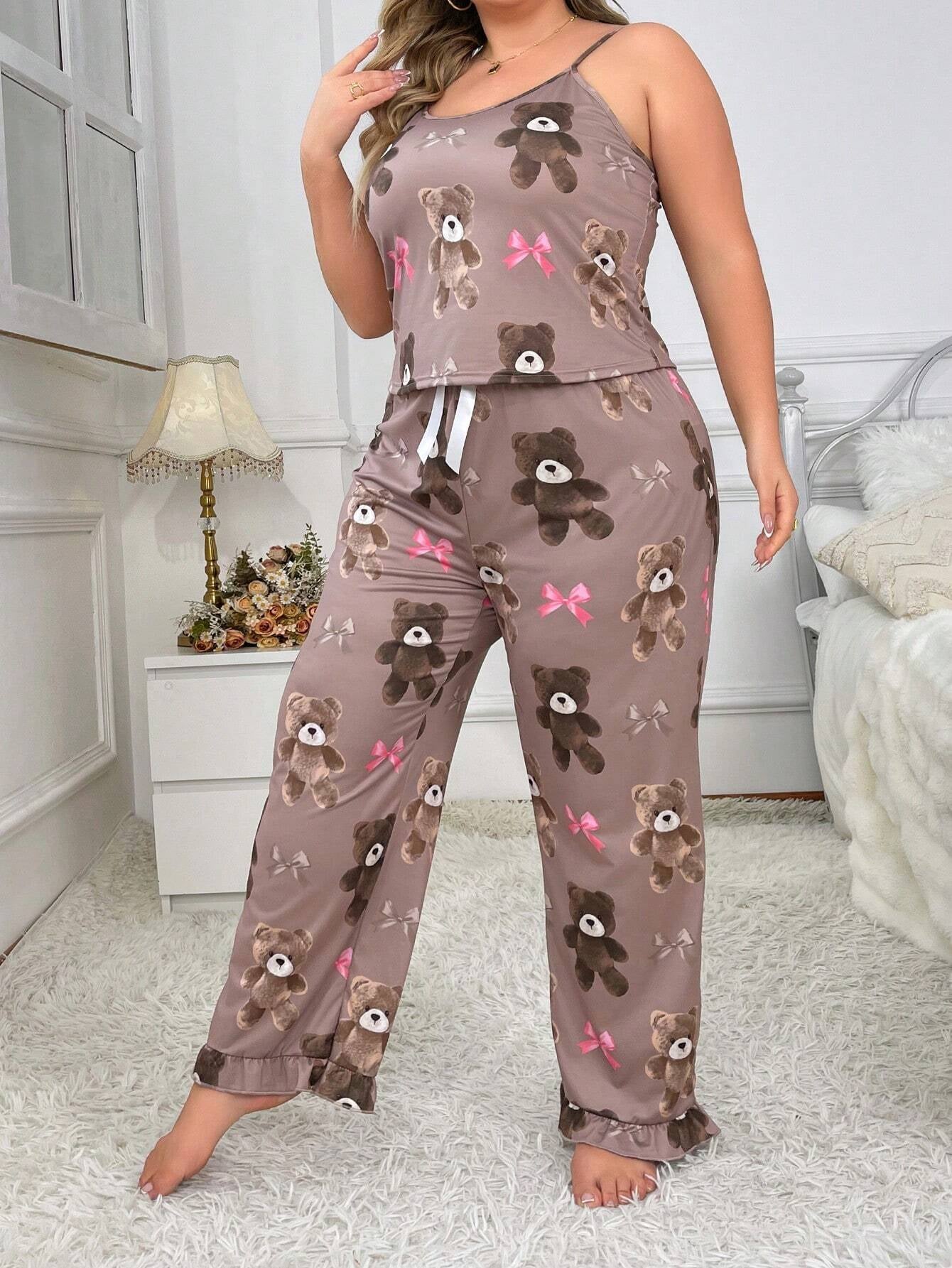 Plus Size Women'S Bear Printed Camisole Top and Pants Pajamas Set