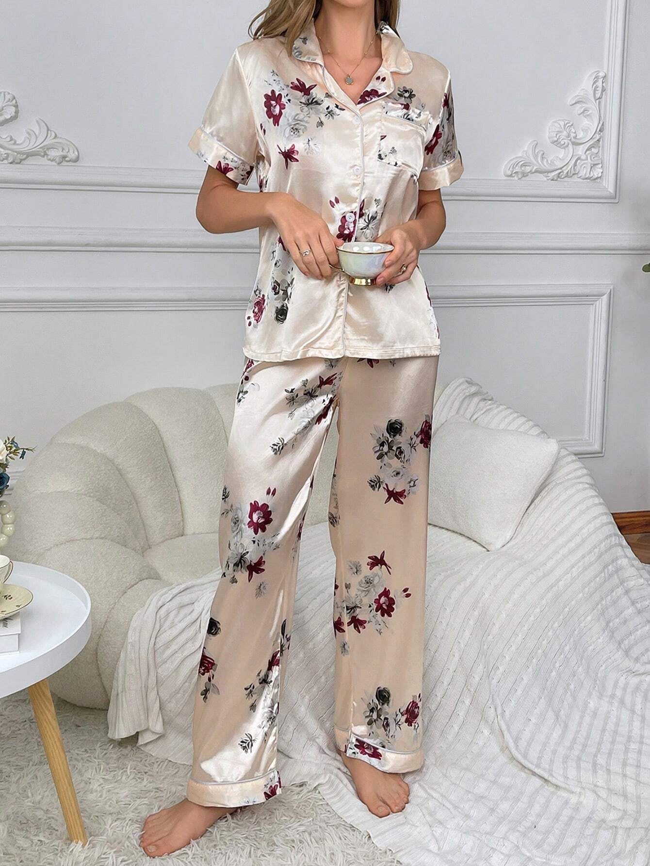 Floral Colorblock Button-Front Sleepwear Set