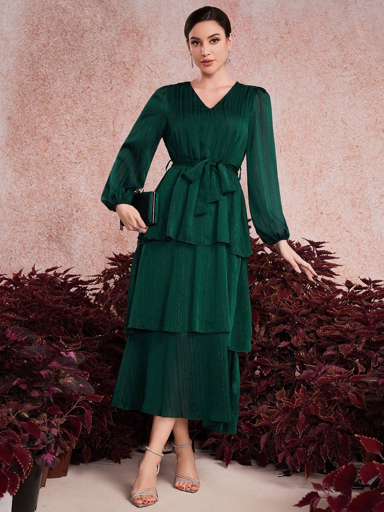 Modely Ladies' Solid Color V-Neck Lantern Sleeve Dress