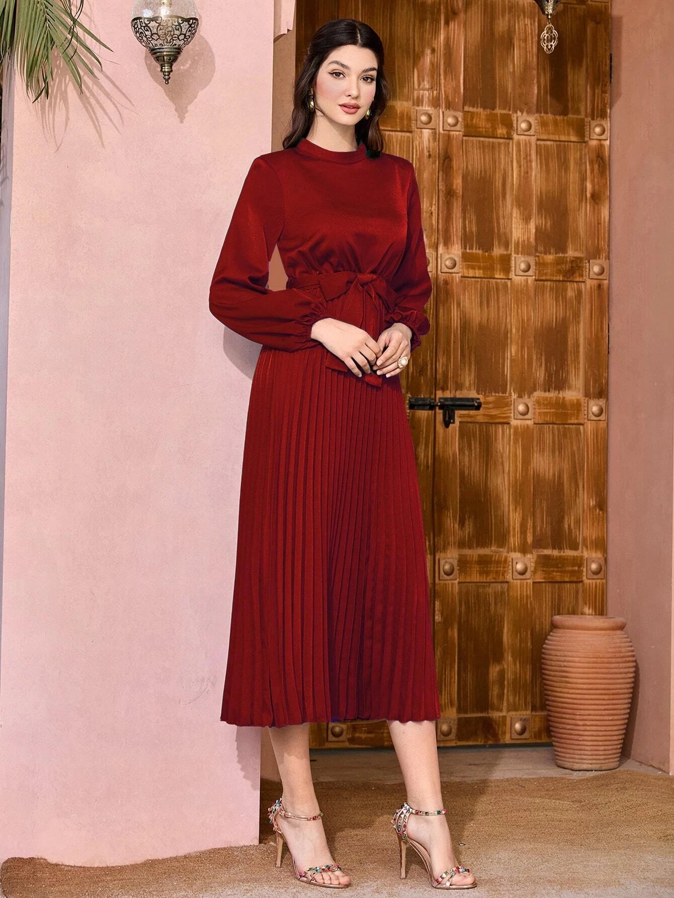 Mulvari Women'S Lantern Sleeve Pleated Dress