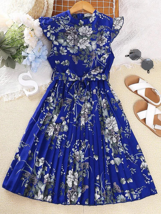 SHEIN فستان بحزام طباعة الأزهار اكمام فراشة حافة تجاعيد للفتيات المراهقاتII