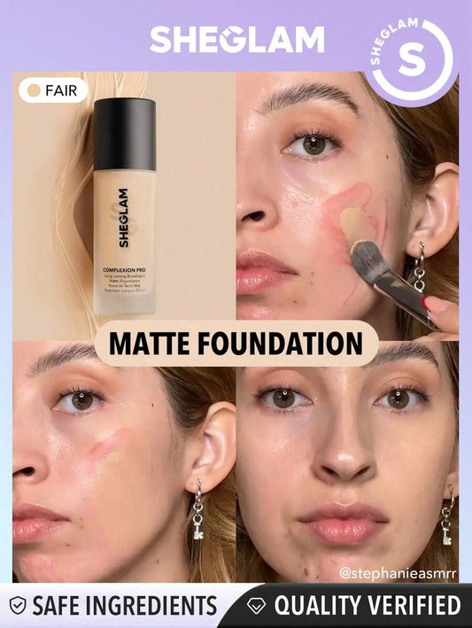 SHEGLAM أساس سائل مات بالتهوية طويل الأمد للبشرة-أساس سائل مات لا يتلطخ بالعرق يسيطر على الزيت و يحجب المسام غير لامع مضاد للماء و خالي من العيوب لا يتلاشى و لا يثقل على البشرة ويدوم طويلاً، مناسب للبشرة الفاتحة