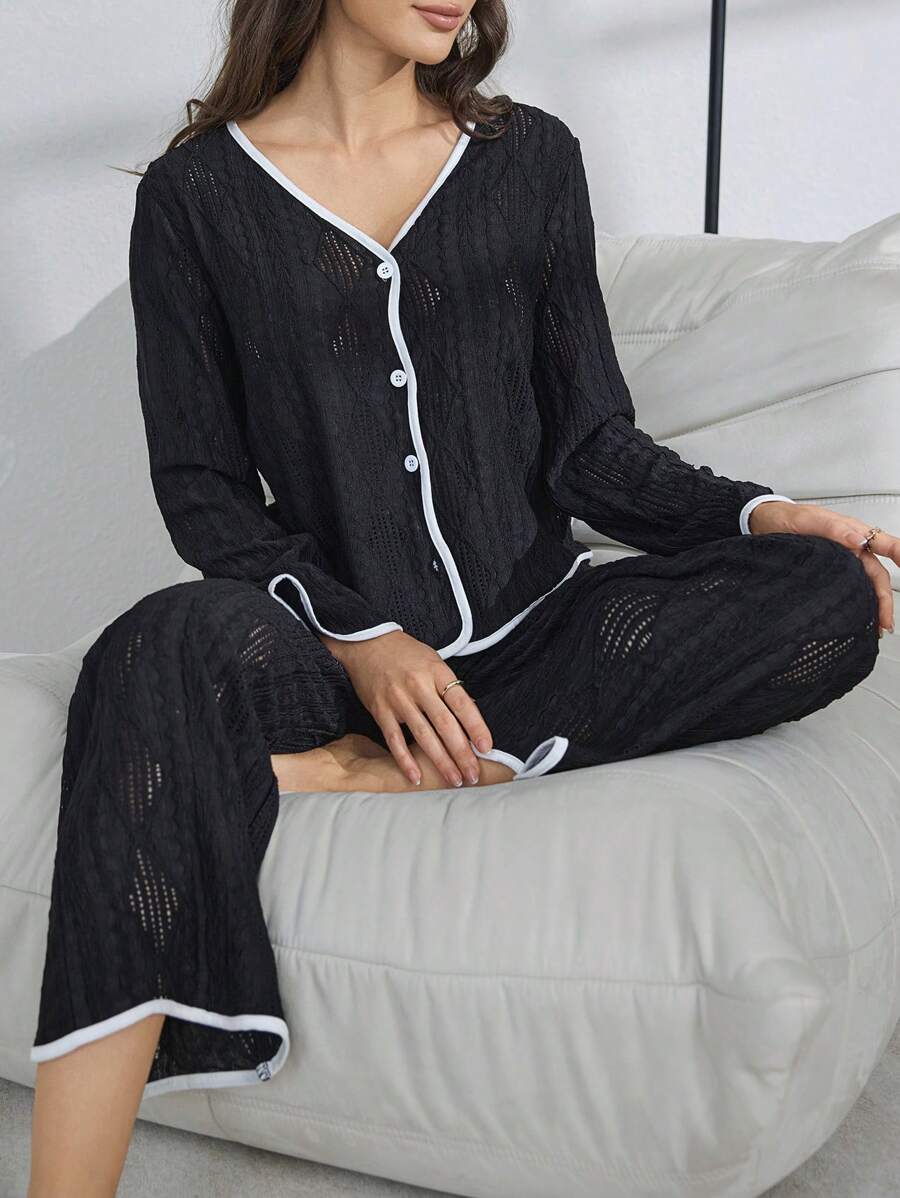 SHEIN My Everyday طقم بيجامة للنساء تتكون من ملابس علوية كم طويل بياقة حرف V أنيقة وسراويل واسعة الساق