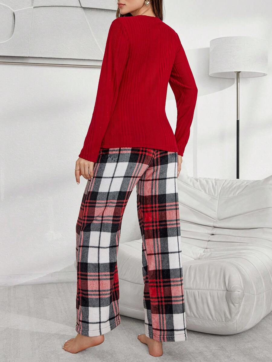 SHEIN My Everyday طقم بيجاما للنساء يتكون من قميص كشمير بأزرار أحادي اللون وبنطال فلانيل مربع القماش قطعتان