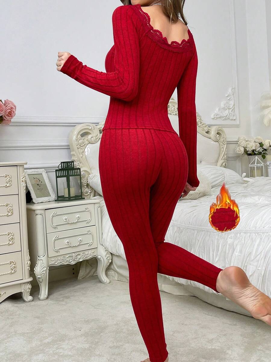 SHEIN بدلة نسائية بلوزة  بتنورة قماش خوخ دانتيل