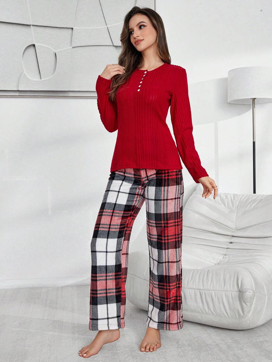 SHEIN My Everyday طقم بيجاما للنساء يتكون من قميص كشمير بأزرار أحادي اللون وبنطال فلانيل مربع القماش قطعتان