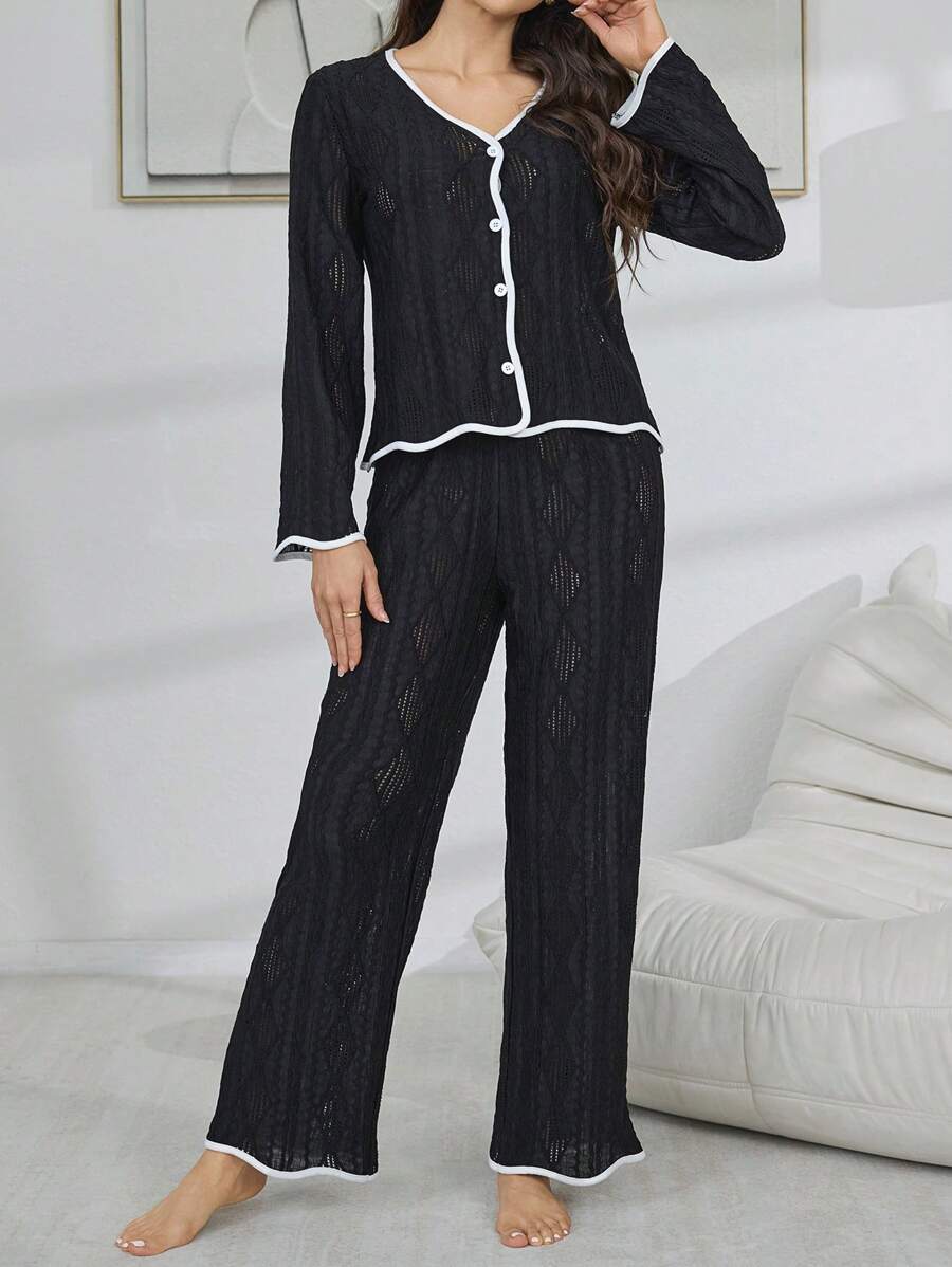 SHEIN My Everyday طقم بيجامة للنساء تتكون من ملابس علوية كم طويل بياقة حرف V أنيقة وسراويل واسعة الساق