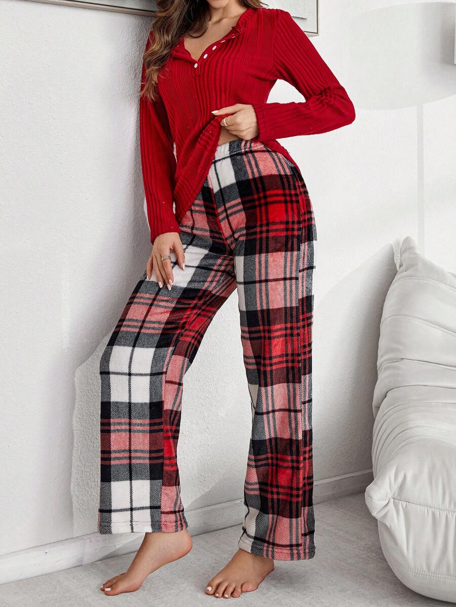 SHEIN My Everyday طقم بيجاما للنساء يتكون من قميص كشمير بأزرار أحادي اللون وبنطال فلانيل مربع القماش قطعتان