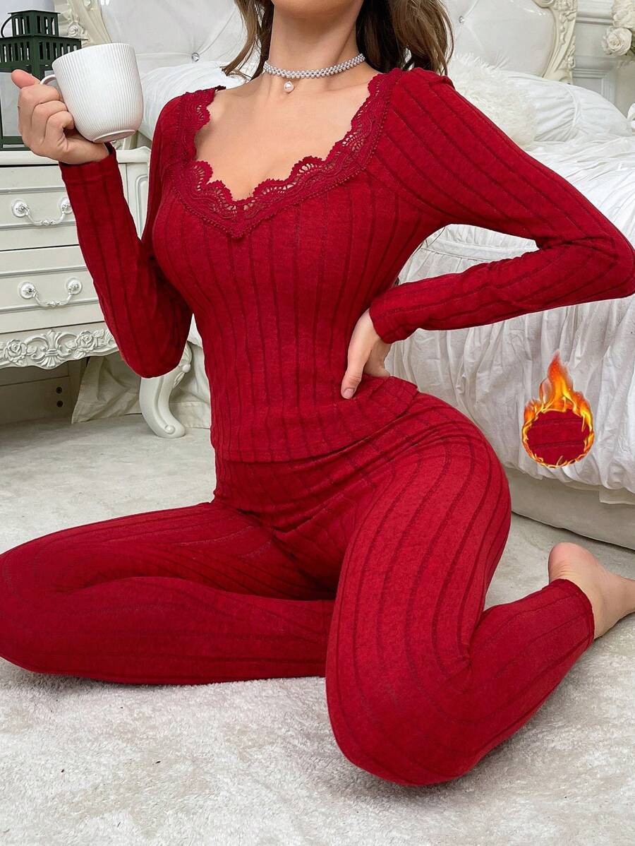 SHEIN بدلة نسائية بلوزة  بتنورة قماش خوخ دانتيل