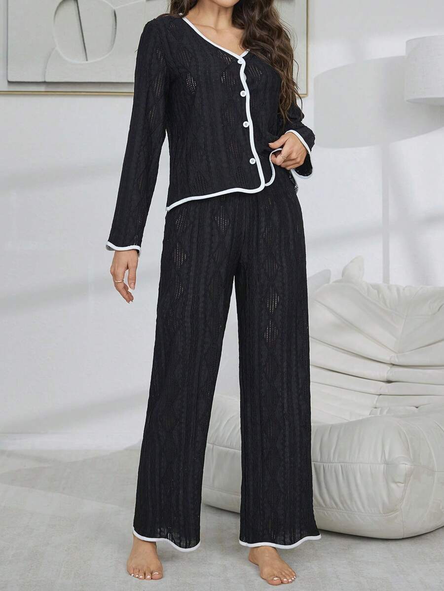 SHEIN My Everyday طقم بيجامة للنساء تتكون من ملابس علوية كم طويل بياقة حرف V أنيقة وسراويل واسعة الساق