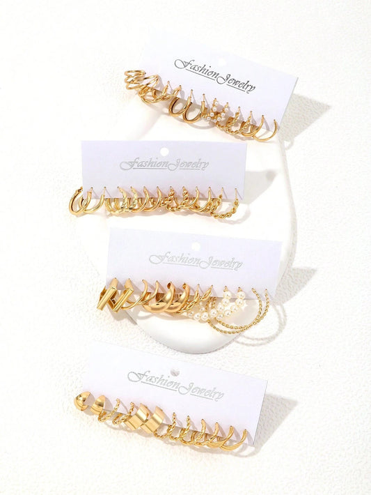 48Pcs/Set Faux Pearl Decor Earrings 48Pcs Multi-Element Metal Earrings Set Women'S Fine Jewelry Birthday Gift