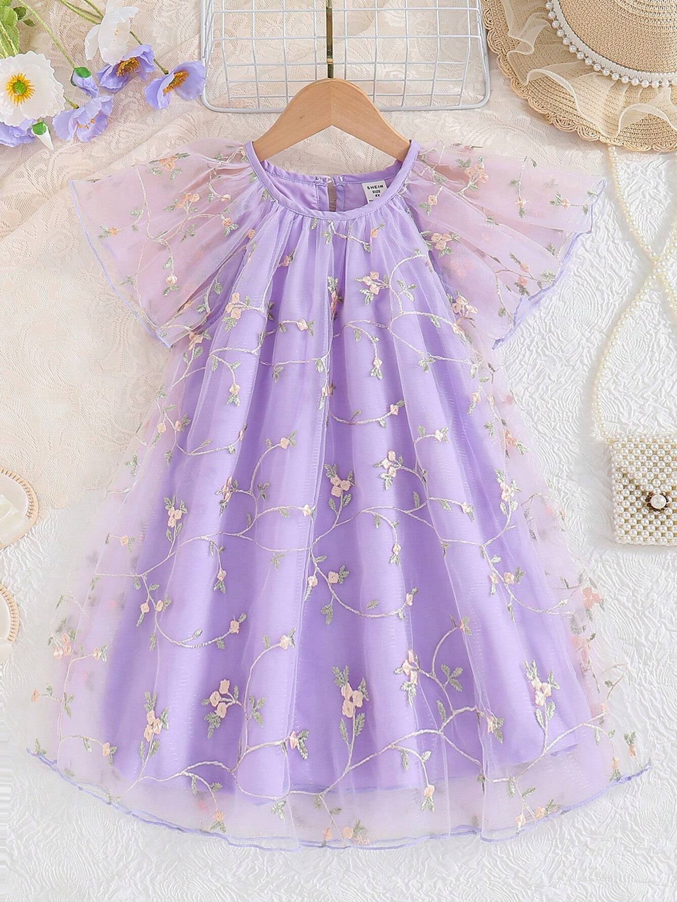 Young Girls' Mesh Embroidery Dress with Ruffle Hem