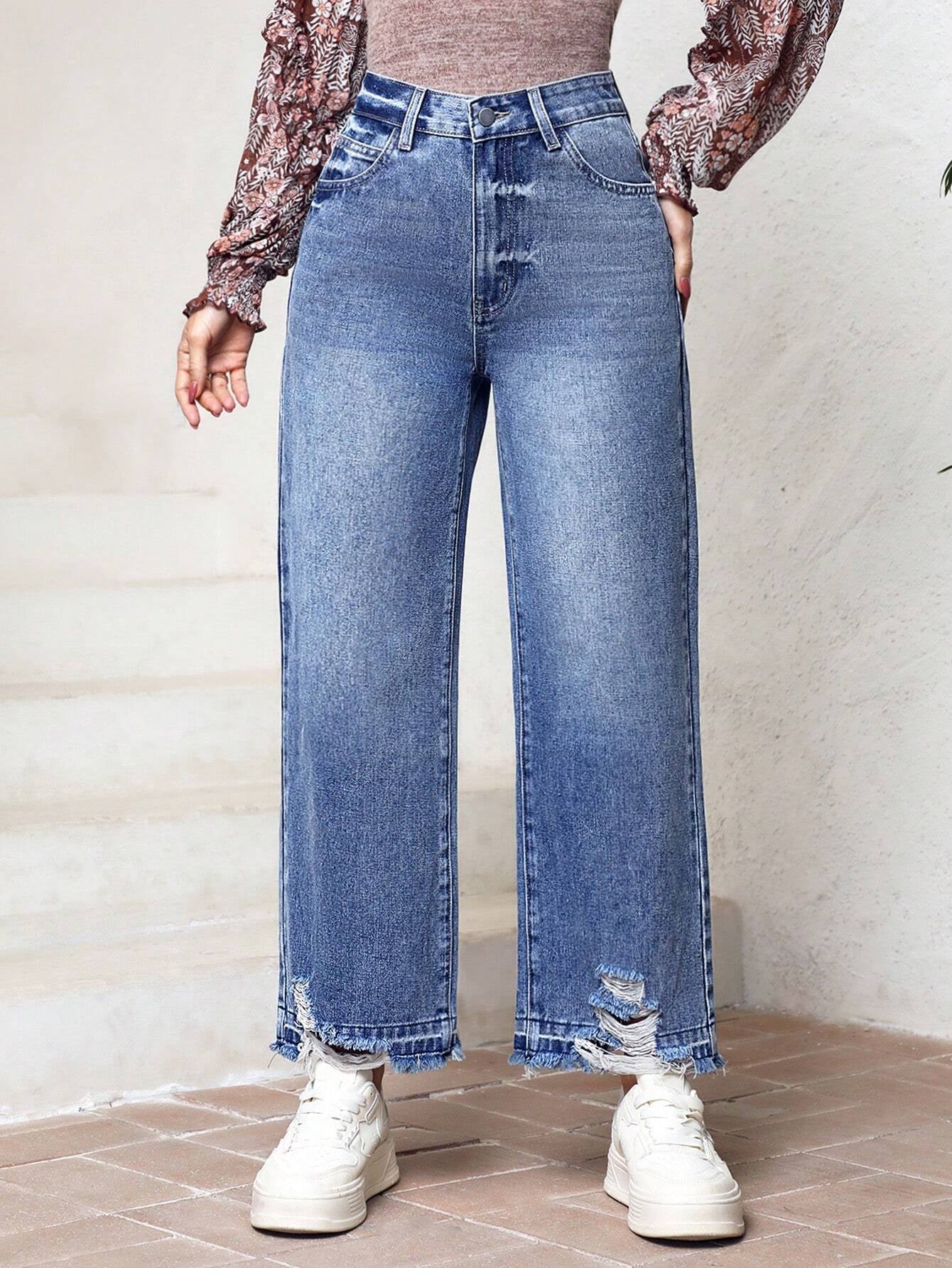 LUNE Distressed Straight Leg Denim Jeans