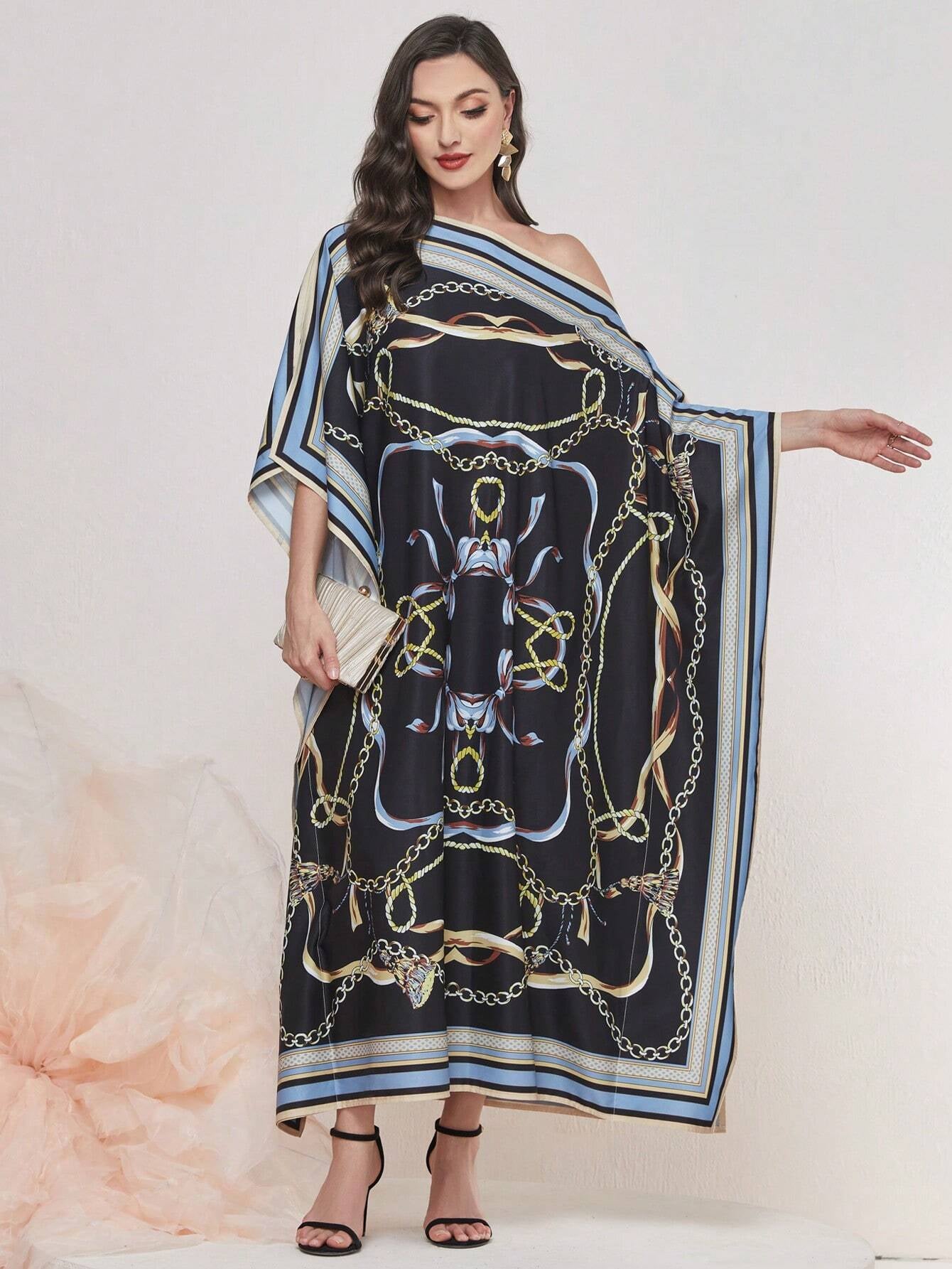 Najma Chain Print Bat-Wing Sleeve Kaftan