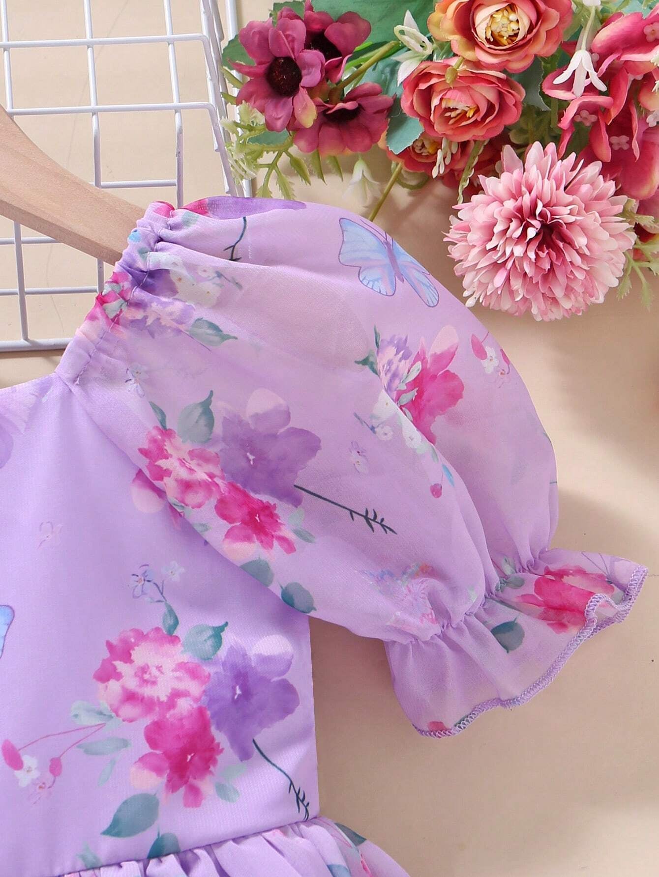 Young Girl'S Floral Printed Puff Sleeve Dress