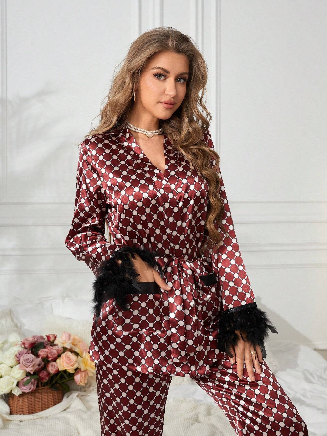 Allover Print Fuzzy Trim Belted Satin PJ Set