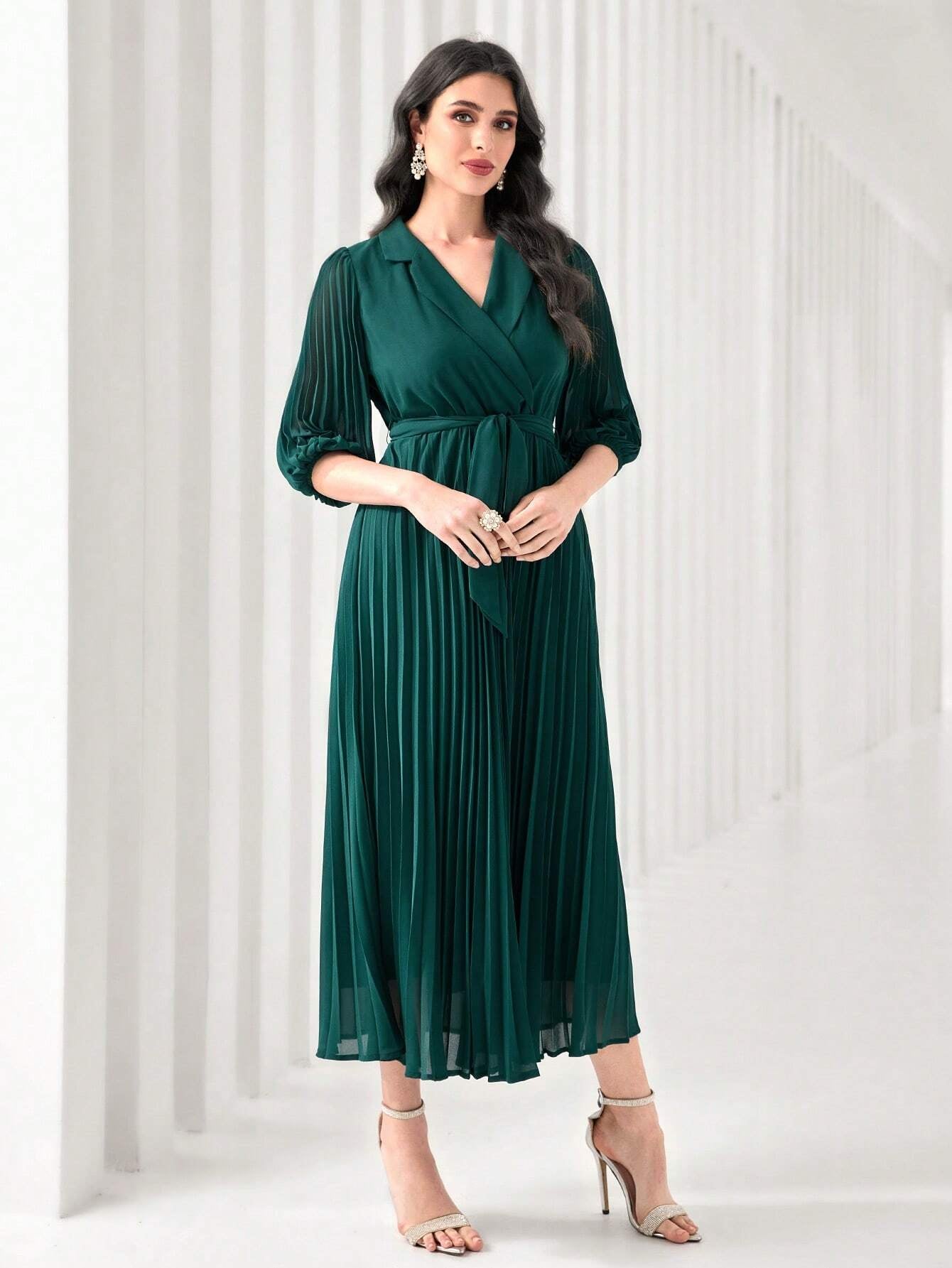 Modely Notch Neck Pleated Hem Belted Dress