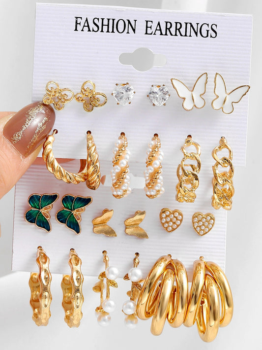 12Pairs Random Faux Pearl & Butterfly Decor Earrings
