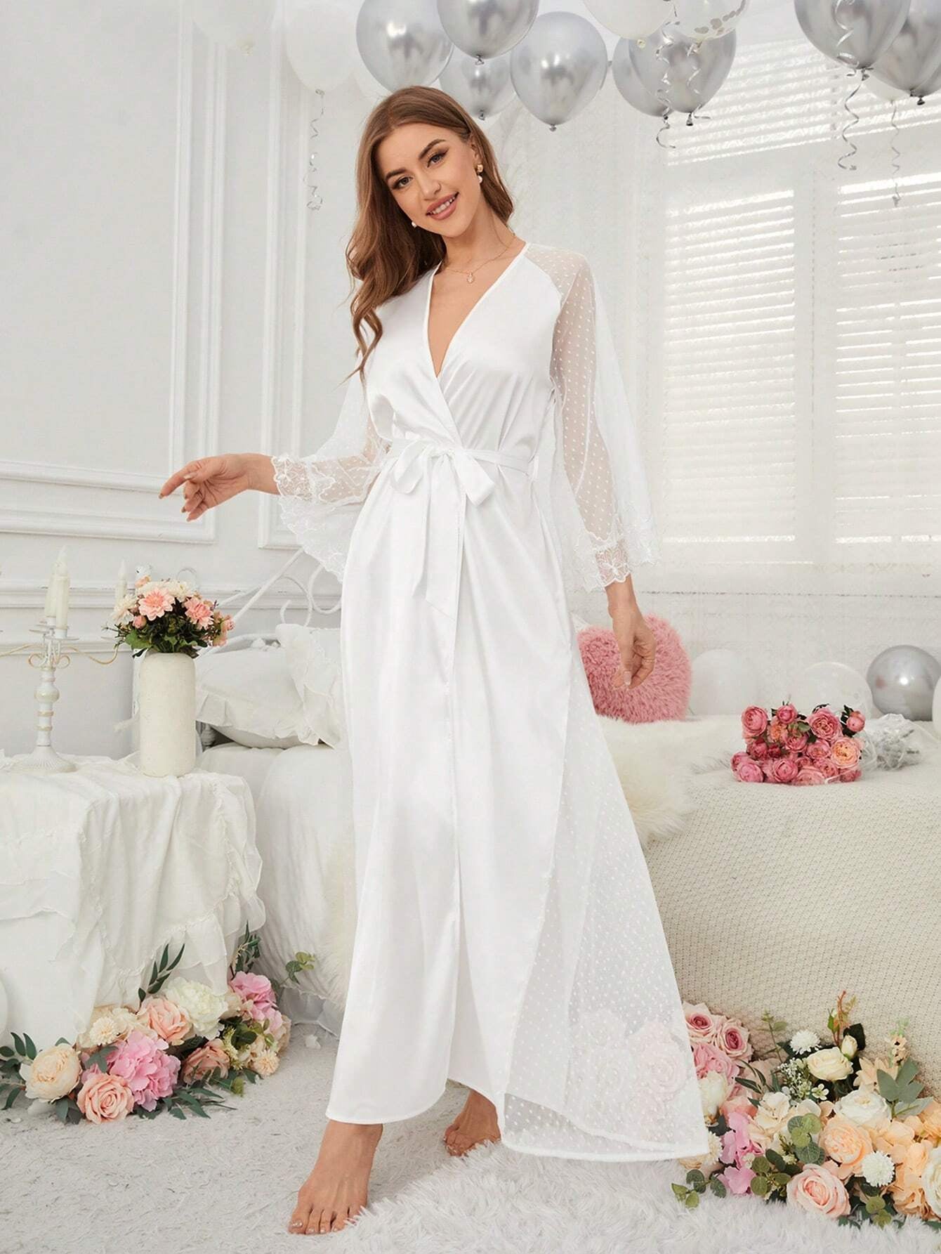 Lace Patchwork Women'S Wrap Robe for Sleepwear