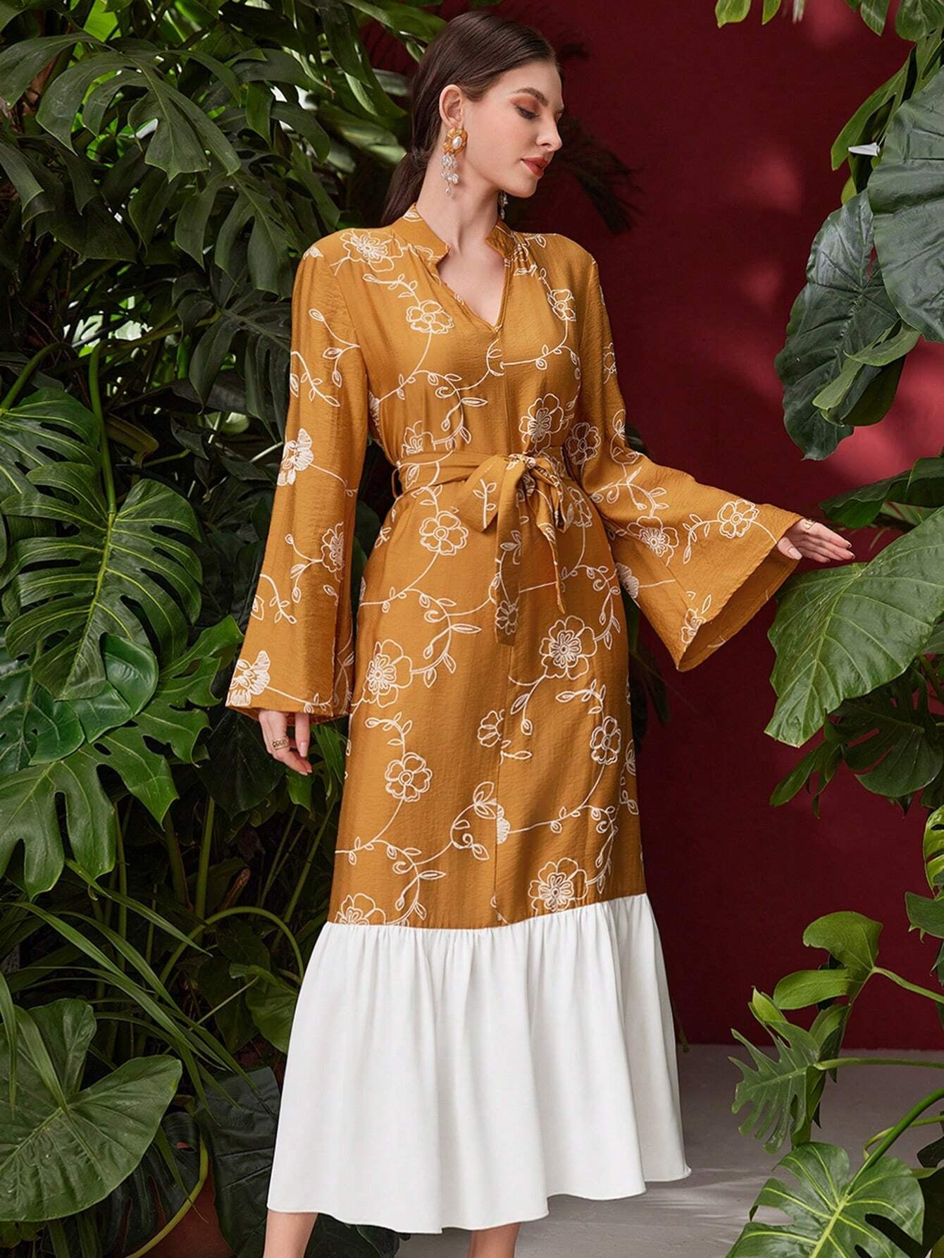 Mulvari Women'S Floral & Stripe Print Bell Sleeves Dress