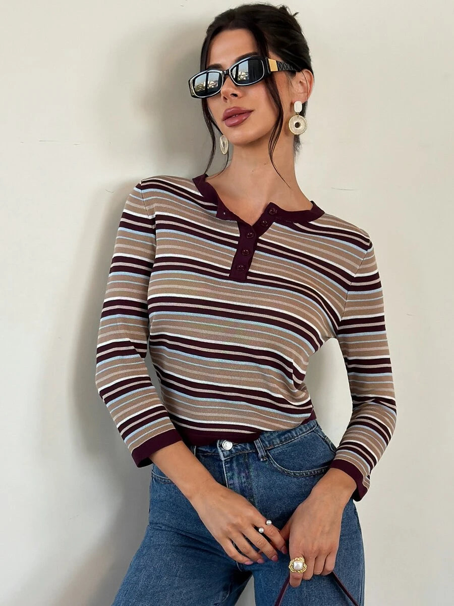 SHEIN Firerie تي شيرت نسائي بأكمام طويلة وتصميم هينلي