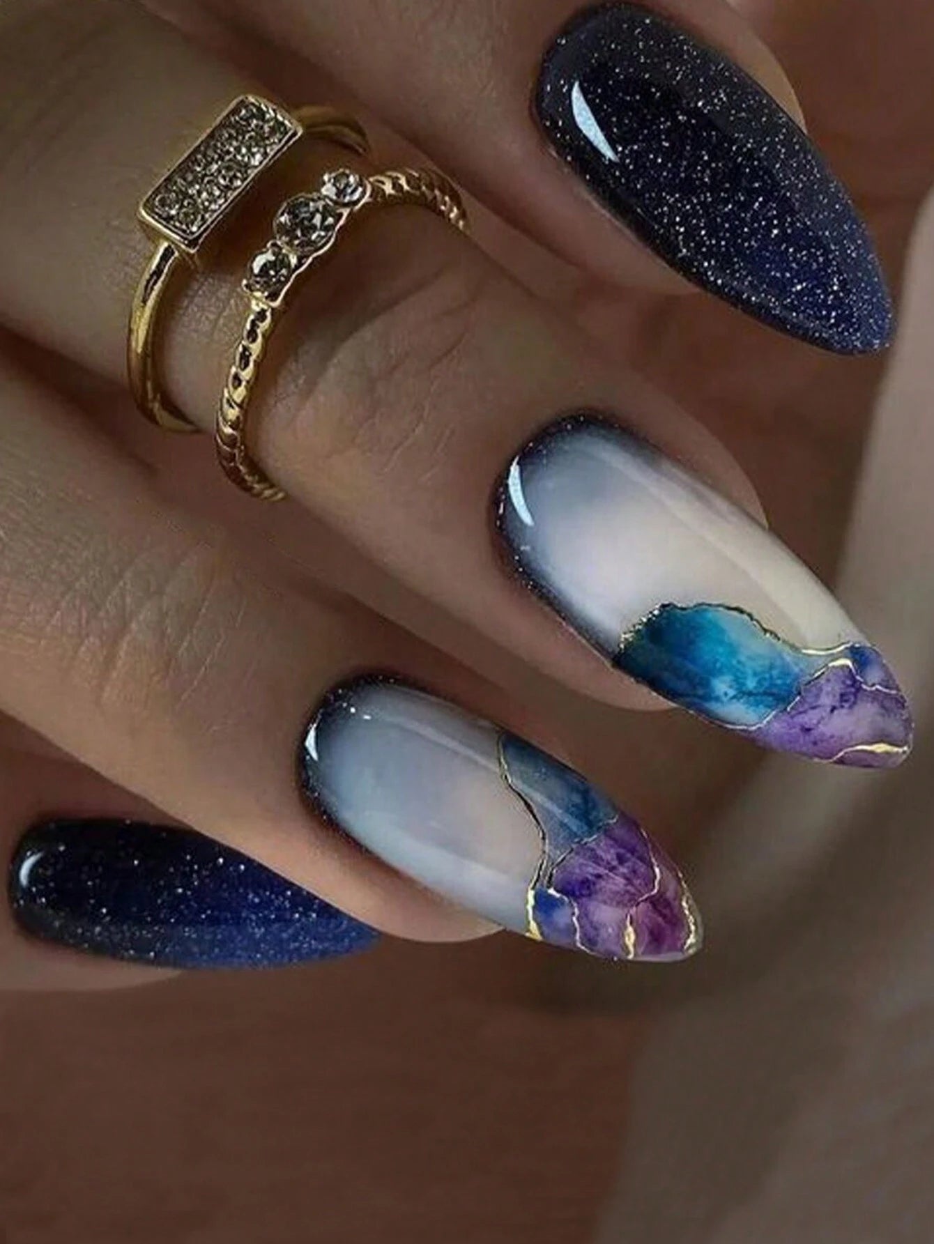 24Pcs/Box Galaxy Blue Starry Sky Almond Nail Tips with Ombre Effect + 1Pc Jelly Glue + 1Pc Nail File