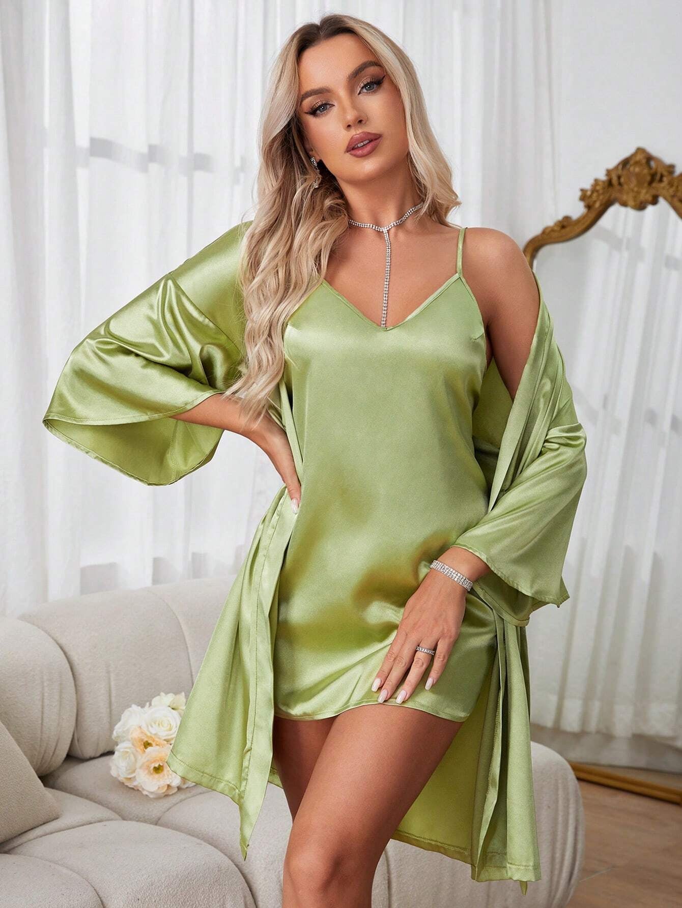 Women'S Satin Robe and Nightgown Homewear Set