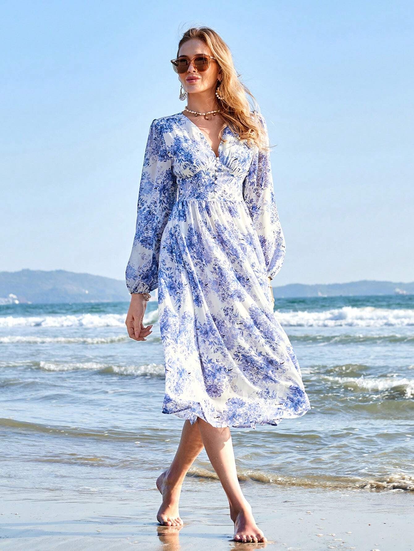 VCAY Random Printed Long Sleeve Dress