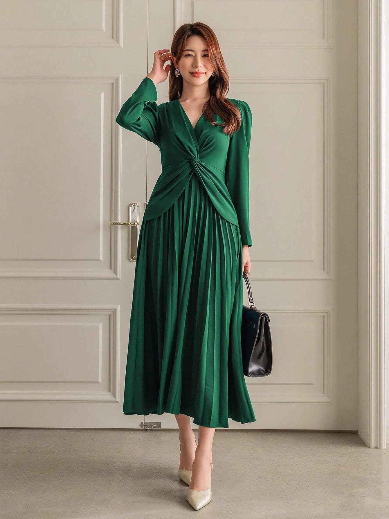 Modely Women'S Long Sleeve Dress with Pleated Hem and Waist Twist Detail