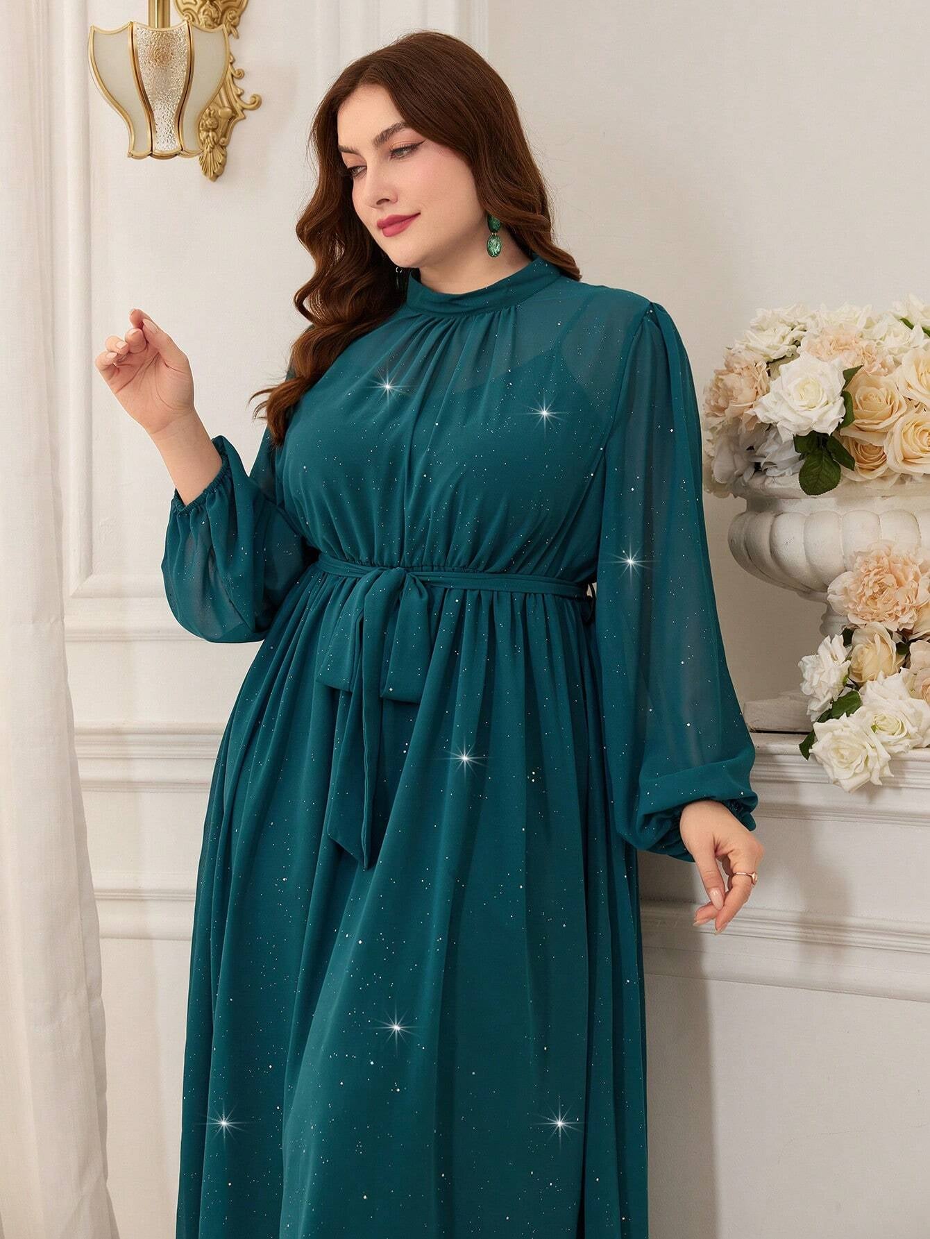 Modely plus Size Stand Collar Lantern Sleeve Dress