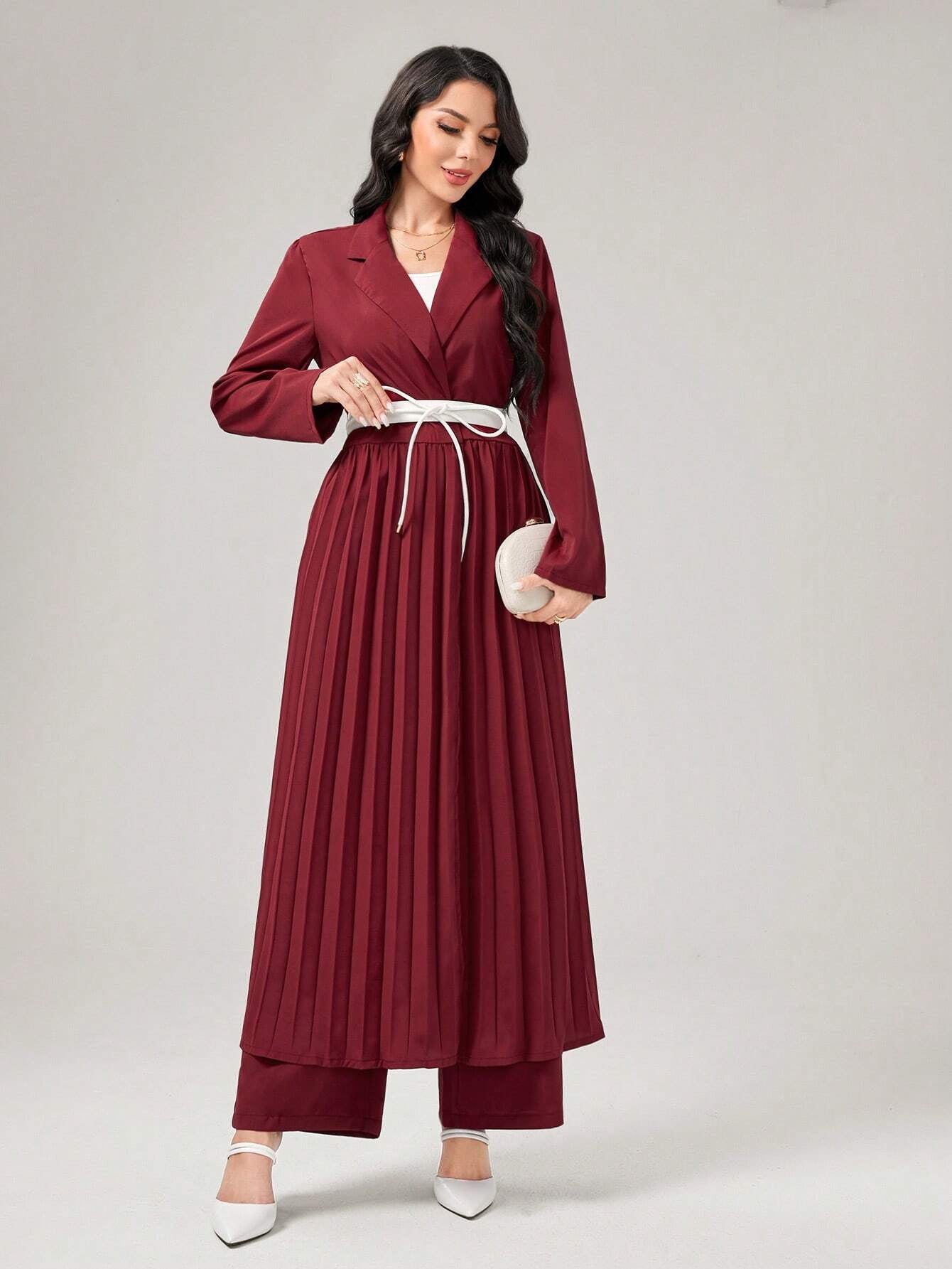 Najma Lapel Collar Pleated Abaya with Wide Leg Pants