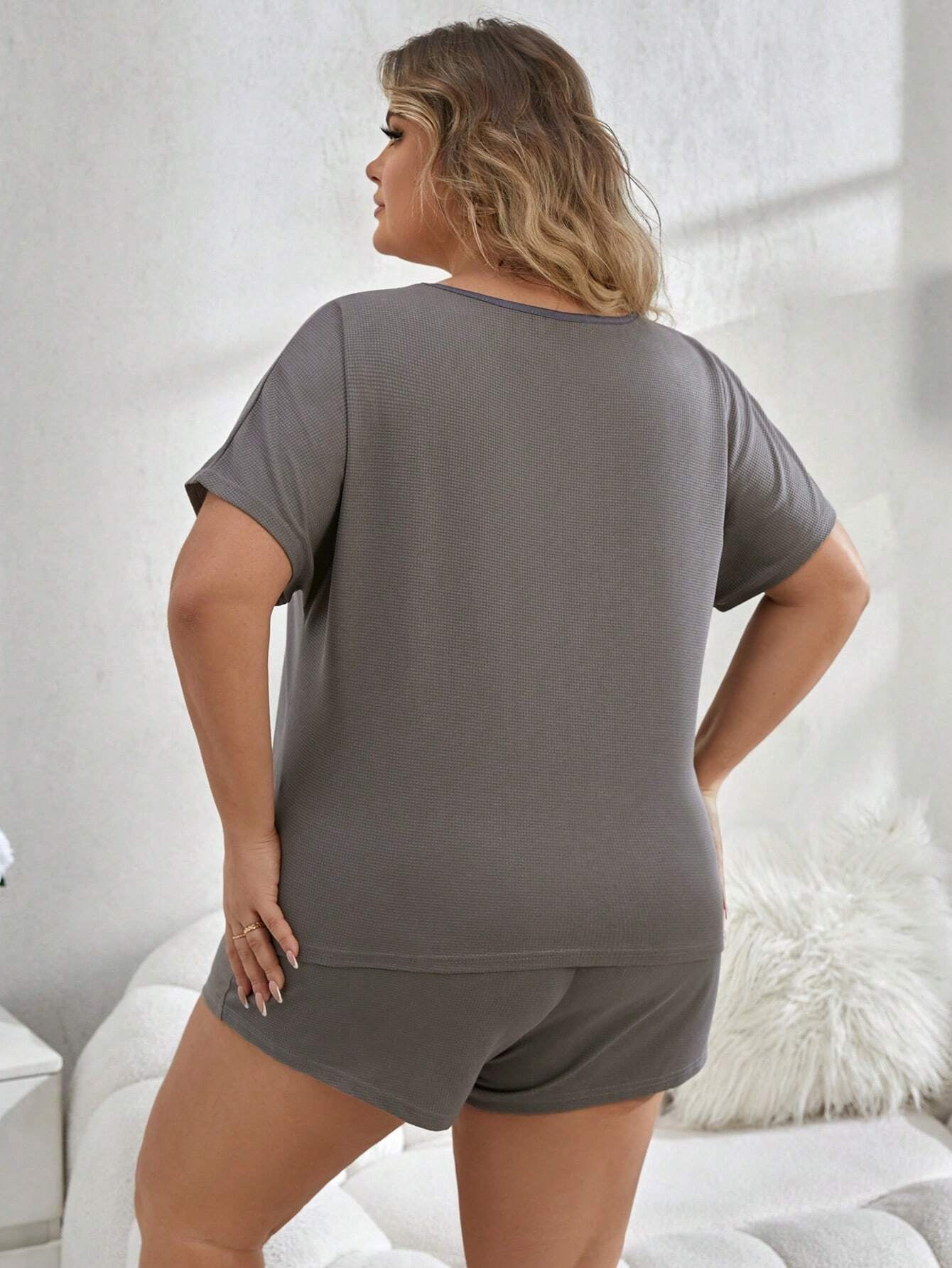 Plus Size Monochrome Waffle Plaid Pajama Set