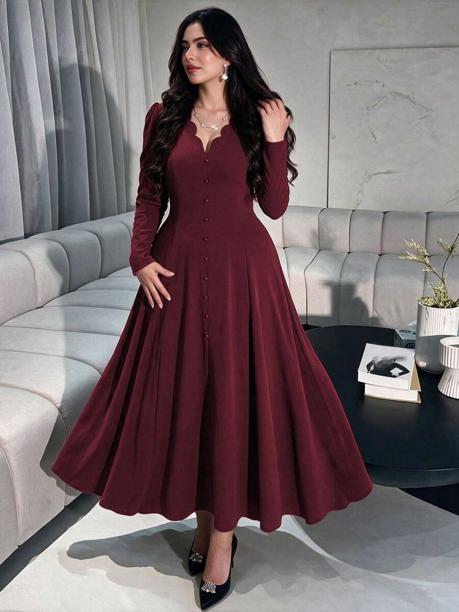 SHEIN Modelyn فستان عنابي بأزرار أمامية
