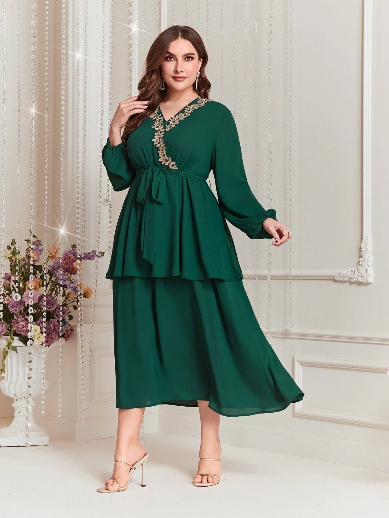 Modely plus Size Embroidered Decor Lantern Sleeve Dress