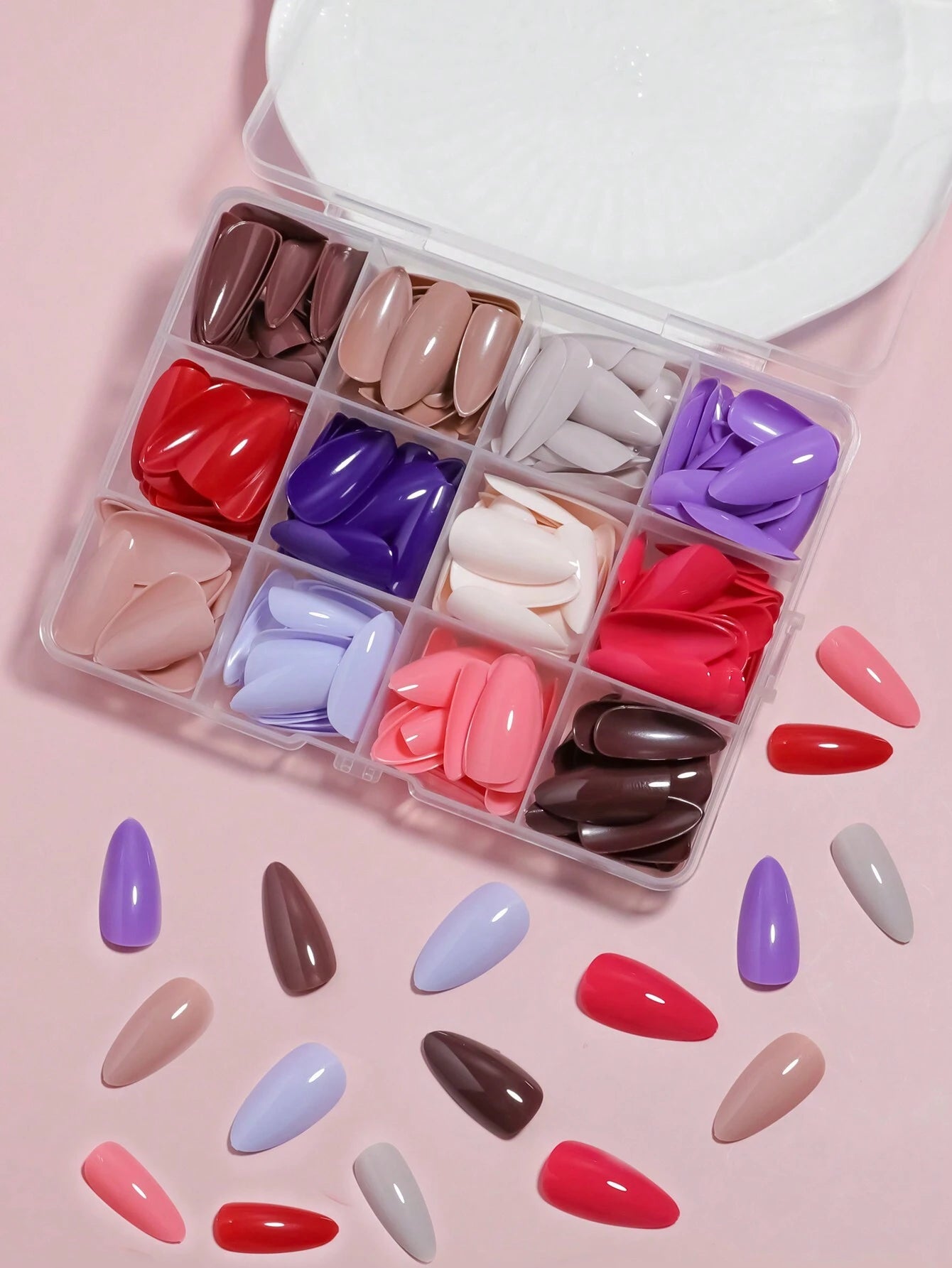 96Pcs(Dark Nude/Nude/Cream/Shrimp Pink-4Colors) Medium Square Press on Nails Acrylic Short Fake Nails Full Cover Solid Colors Designs Shiny Glue on Nails False Nail as Gift for Women and Girls with Storage Box