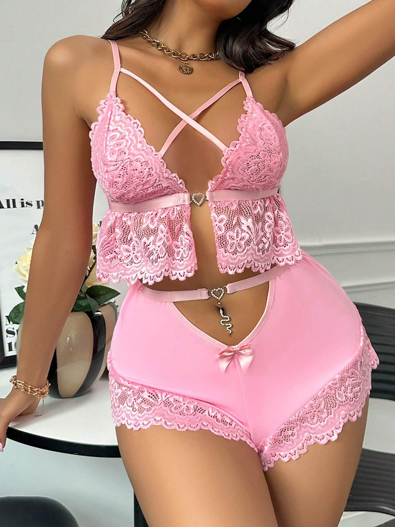 Criss Cross Cut Out Lace Cami Top & Shorts PJ Set
