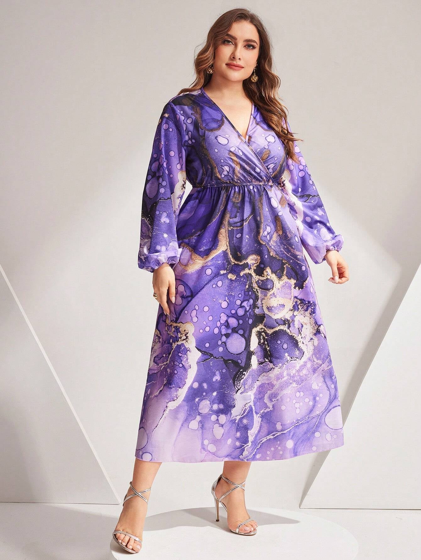 Modely plus Size Printed Lantern Sleeve Dress