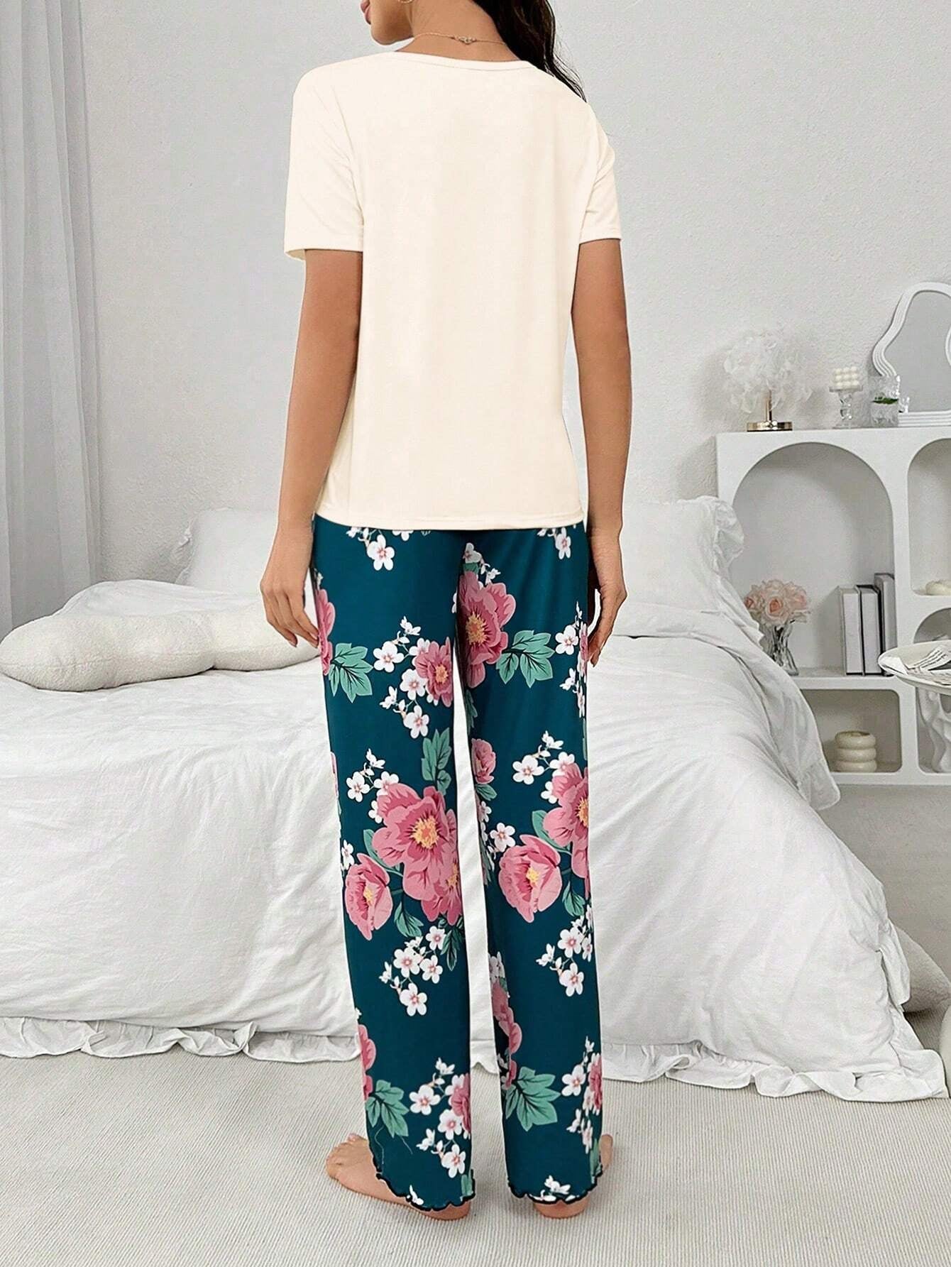 Color-Block Pocket Flower Printed Pajama Set
