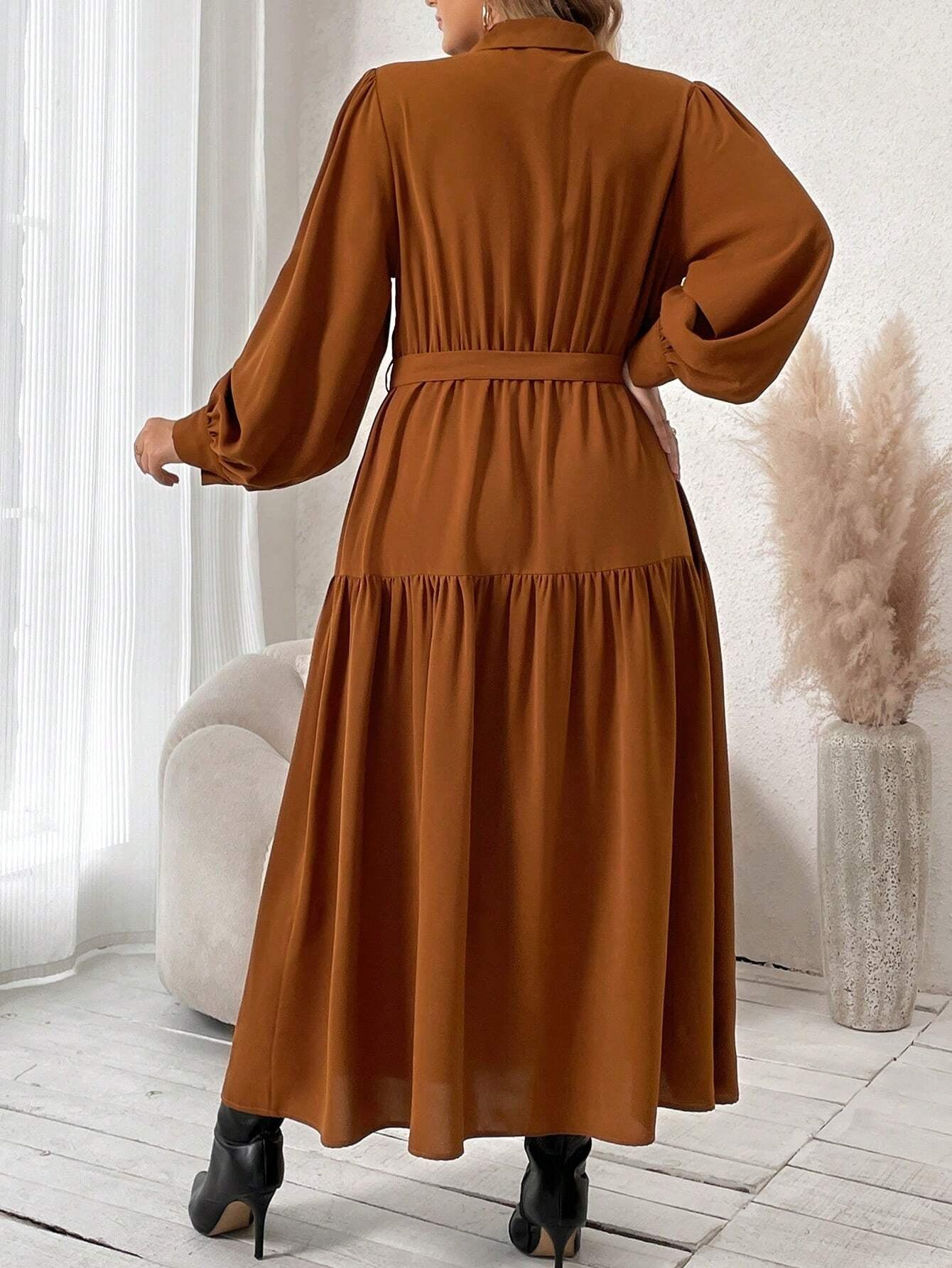 Frenchy plus Lantern Sleeve Ruffle Hem Belted Shirt Dress