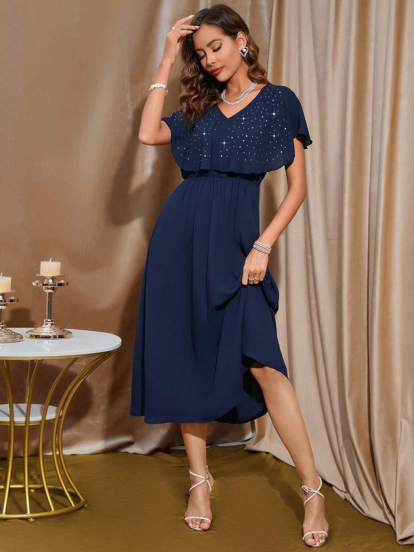 Clasi Rhinestone Beaded Butterfly Sleeve Dress