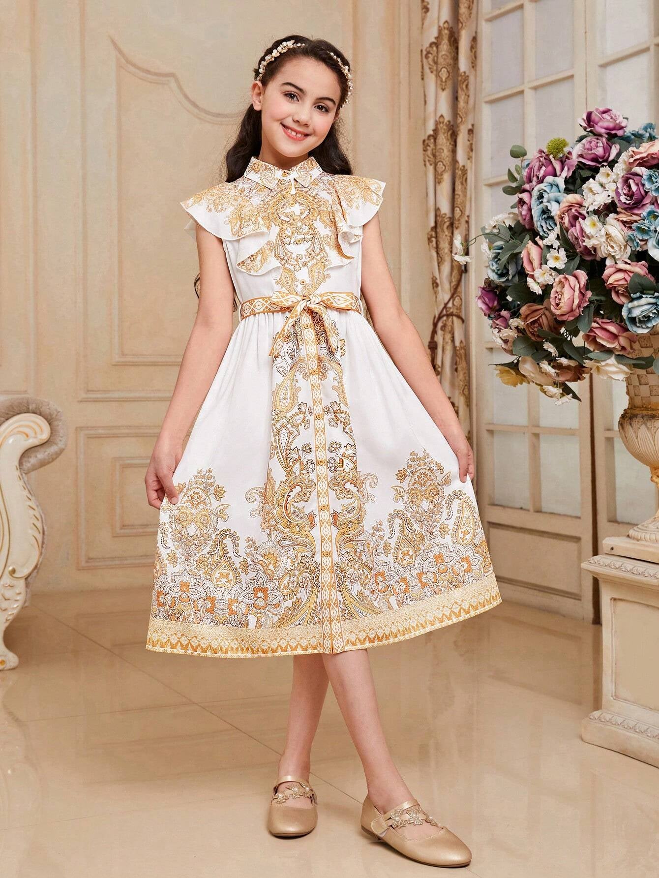 Tween Girls' Fitted Long Dress with Gorgeous Paisley Pattern, Ruffled Collar and Hem