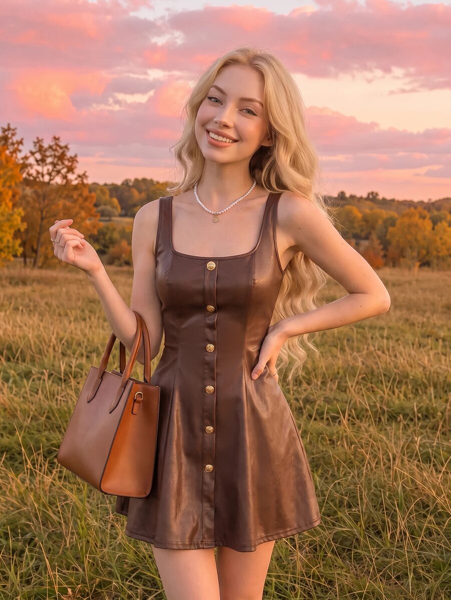 SHEIN MOD فستان قصير بني من جلد البولي يوريثان بإبزيم معدني أمامي